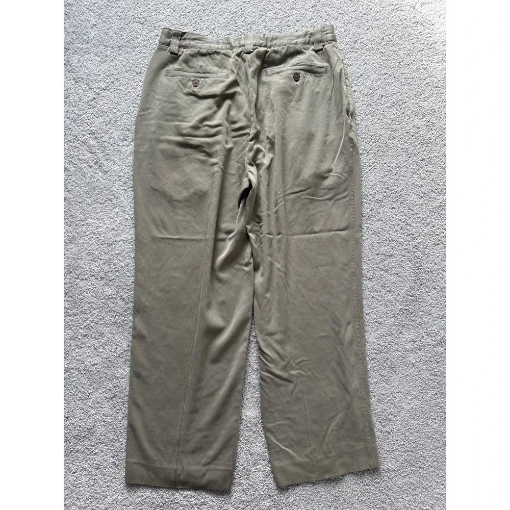 Tommy Bahama Size 35 Olive‎ Straight Pleated Pants Men 100% Silk Chino Relax